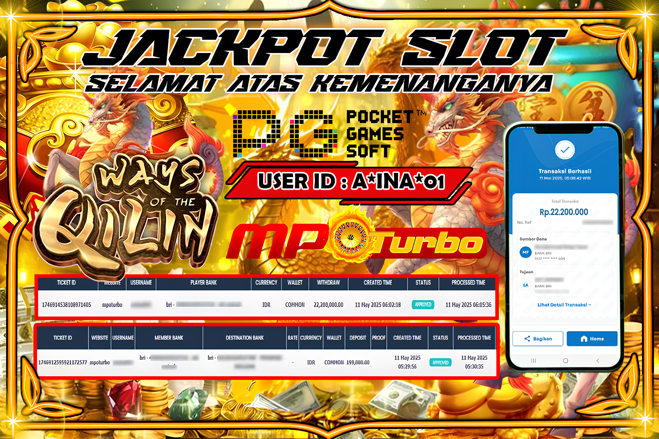 MPOTURBO JACKPOT SLOT WAYS OF THE QILIN Rp 22,200.000.00,- LUNAS